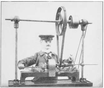 BANGERTER’S AUTOMATIC JEWELER.

This Automatic Jeweler Making Collar Buttons at the Belgian World
Exposition, 1905, Often Mistaken for a Living Man. Thousands of
Collar Buttons of His Make Were Sold Within the Exposition Grounds.
