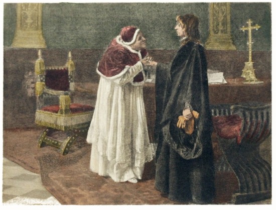 Alexander VI and Machiavelli

From the painting by Francesco Iacovacci In the National Gallery, Rome

The distinguished author Machiavelli holding conversation with Pope
Alexander VI, in whose reign a contemporary writer says: “There is
nothing so wicked or so criminal as not to be done publicly at
Rome.” Machiavelli was imprisoned and put to the torture in 1513,
but was released and seems to have escaped the fate of many.
Alexander VI died by poison, which he and his son Cesare Borgia had
prepared for a cardinal, who was invited to dine with them in their
garden.